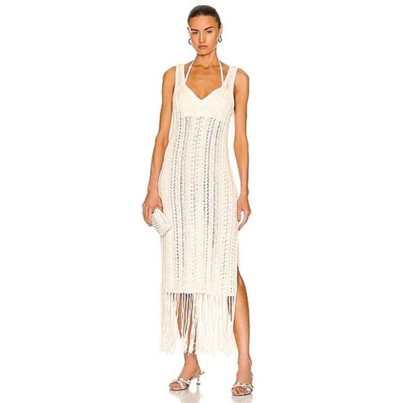 Jonathan Simkhai Kamilah Fringe Dress Midi Crochet Ivory Resort Cotton Small - Picture 4 of 11